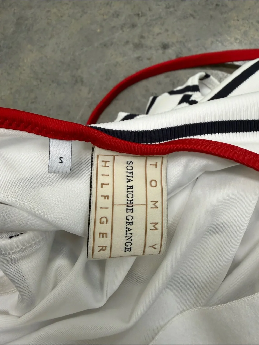 Tommy Hilfiger White and Navy Striped One-Piece Swimsuit with Red Trim/ Belt